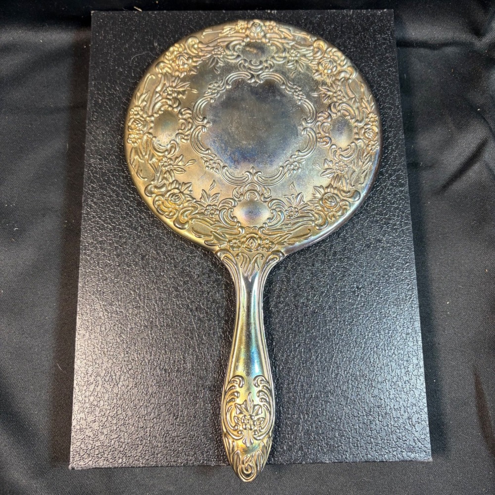 Antique Silver Plate Hand Mirror Frame Victorian Floral Repousse Art Nouveau